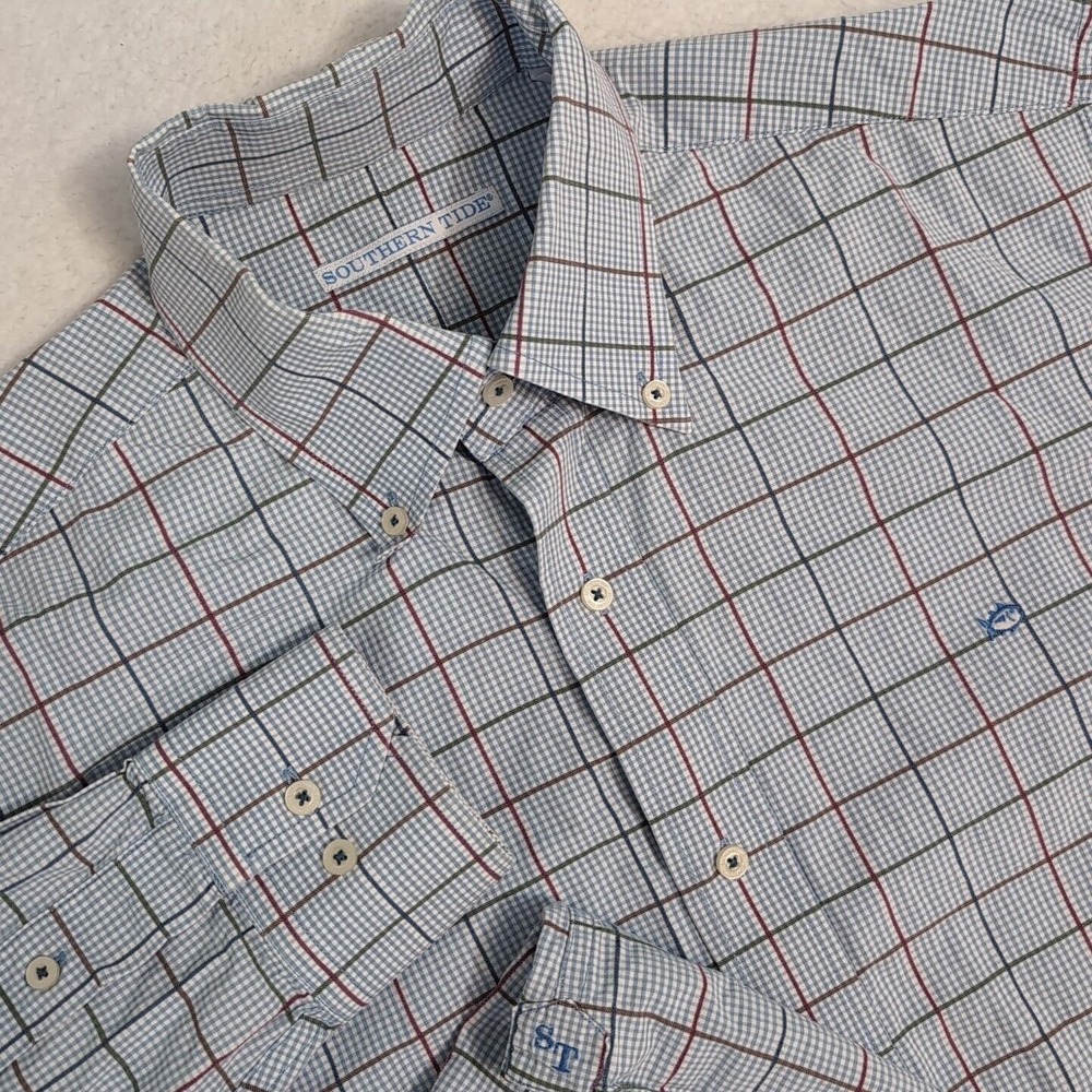 Southern Tide Mens L Long Sleeve Shirt PLAID Blue White Green Dk Red Stretch EUC